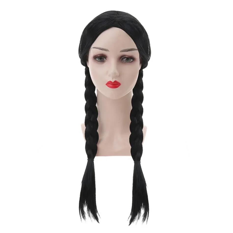 Wednesday Wig For Kids Halloween Wednesday Addams Black Braids Synthetic Hair Cosplay Accessories Crown Necklace Headdress Suit