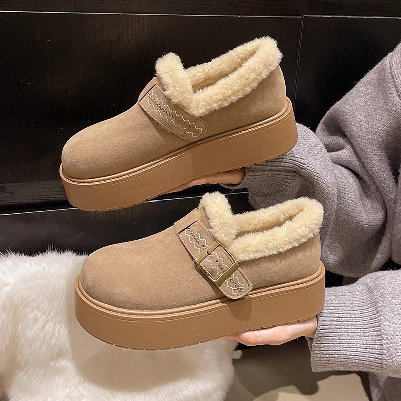 

Embroidered One Buckle Platform Cotton Boots Winter New Round Toe Warm Snow Boots