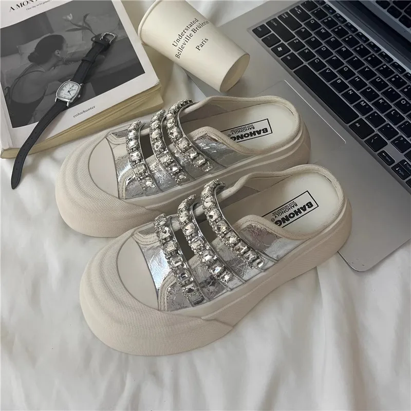 Korean Shoes Casual Female Sneakers All-Match Round Toe Crystal Clogs Platform 2024 Small Summer Rhinestone Creepers New Hook