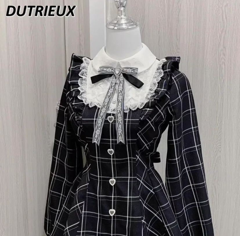 Spring Autumn Women\'s Dresses Japanese Style Retro Plaid College Uniform Bow Splicing Lace Waist Slim Long Sleeve Dress for Lady