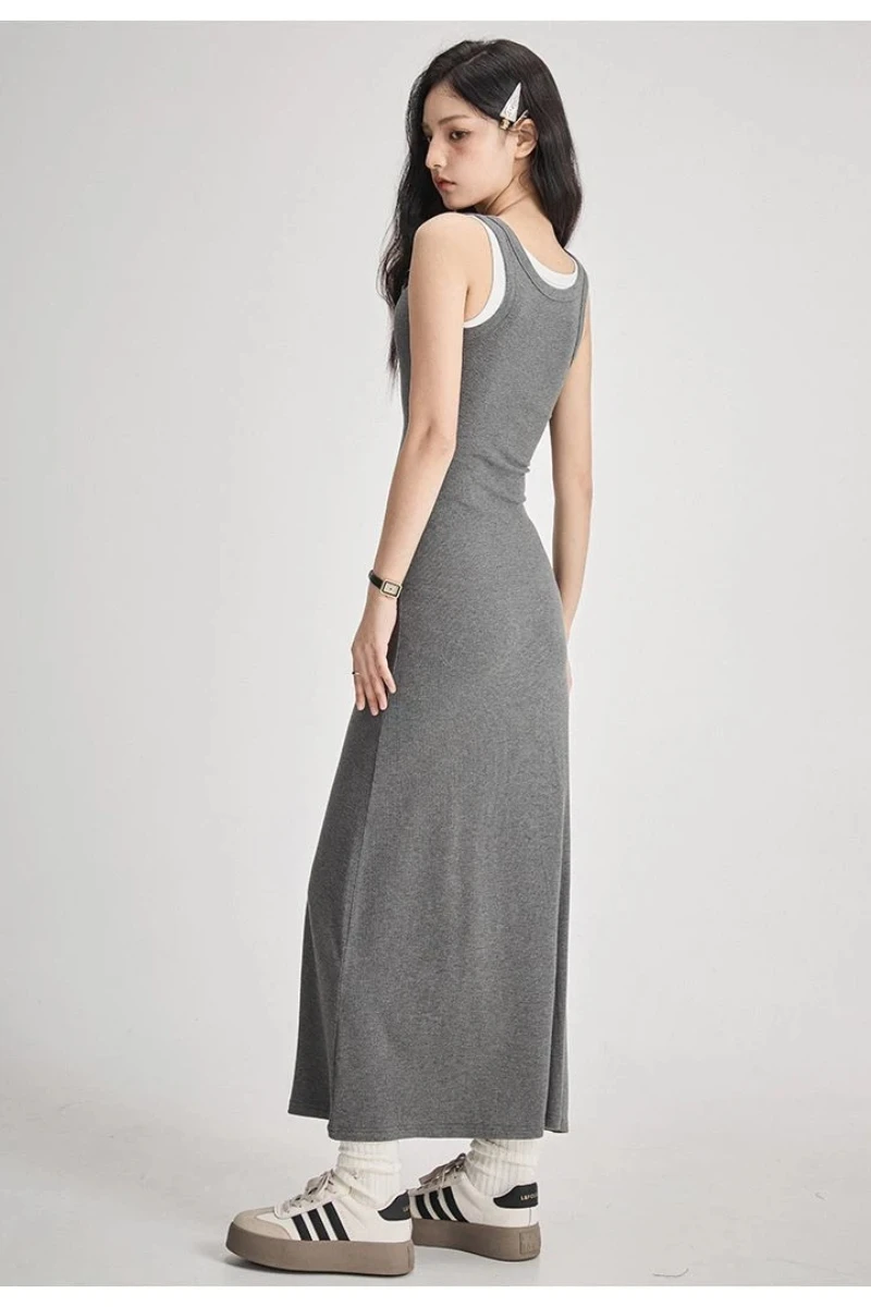 Vestidos para mulher elegante preto sem mangas vestido longo camadas preguiçoso estilo de rua vestidos de festa de ajuste relaxado