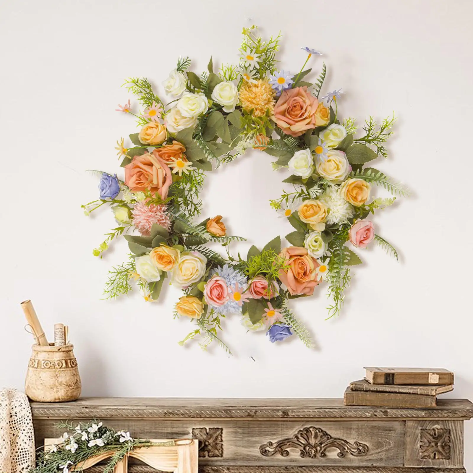 

Spring Wreath for Front Door Rose Wreath Rustic 18inch Artificial Flower Wreath for Indoor Outdoor Hotel Wall Home Window