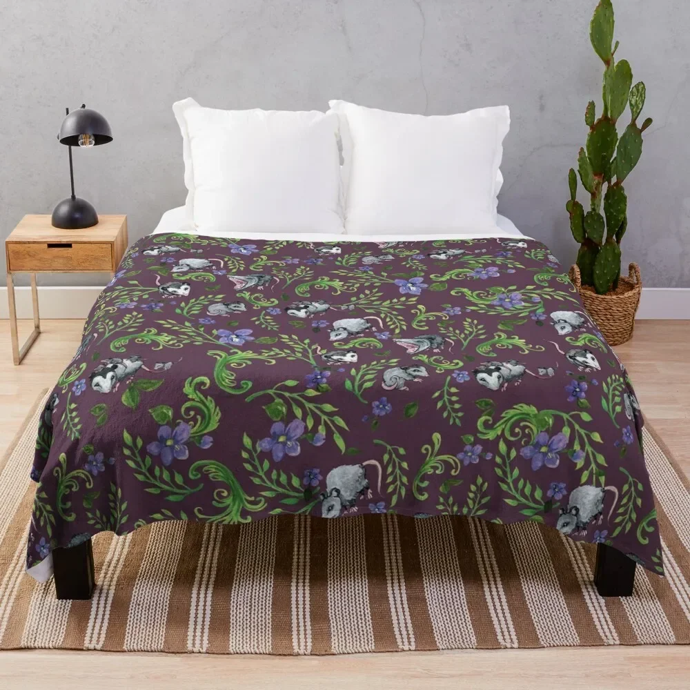 Opossum, Fern, & Violet Print Throw Blanket Comforter Thermal Thin Decorative Sofa Multi-Purpose Blankets