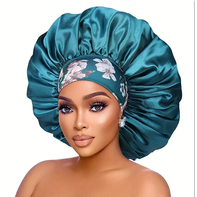 Extra Large Silky Satin Hair Bonnet For Women Thick Hair Sleep Cap Elastic Band Beanie African Headwrap Flower Turban Chemo Caps