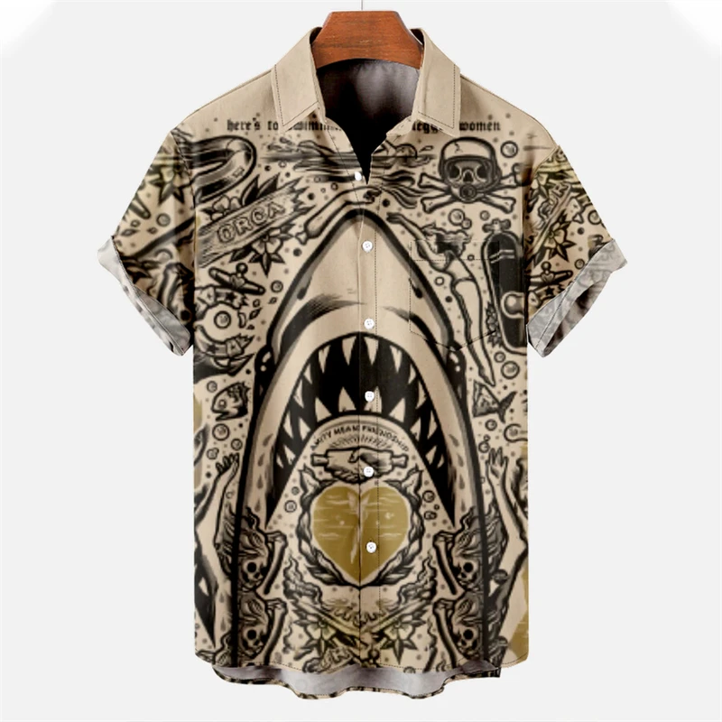 3D Print Horror Animal Shark Shirts For Men Clothes Fahsion Surfing Shirts & Blouses Vacation Casual Lapel Blouse Y2k Beach Tops