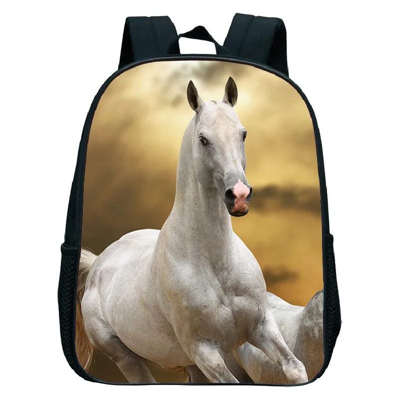 Kids Nylon Backpack with Running Horses Print Waterproof School Bag for Boys Girl Hight Quality Write Horse Kindergarten Bookbag