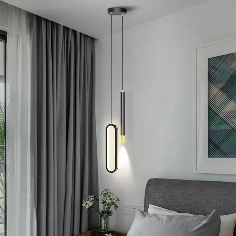 Modern Indoor Bedside Pendant Lamp Simple Nodic Living Room Chandelier Dining Room Bedroom Led Lights Black Spotlight Lighting