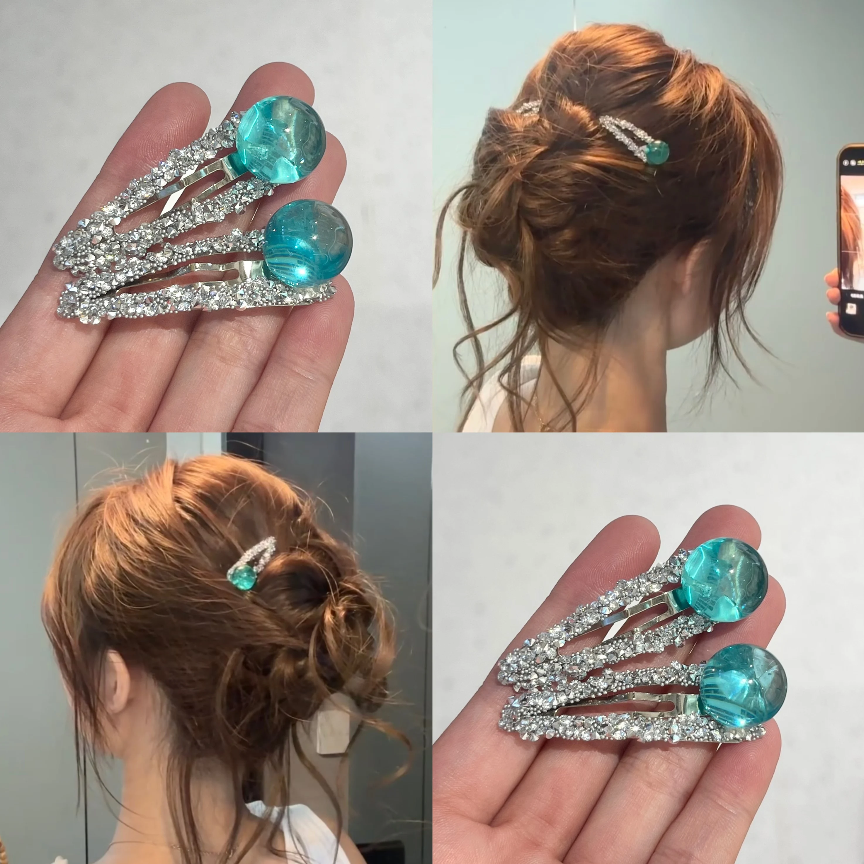 2 Stück Strass-Haarspangen mit türkisfarbenen Perlen, glitzernder Kristall-Haarschmuck für Frauen und Mädchen, elegante Haarnadeln für Party