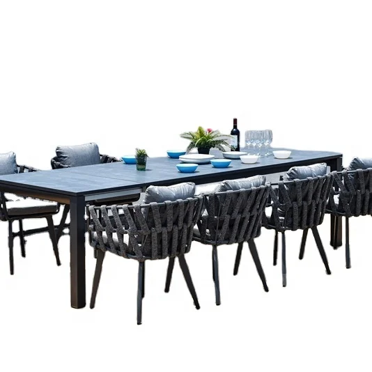 modern aluminum outdoor furniture garden set extendable dining table set China rock grey  table top rope wedding rattan chairs