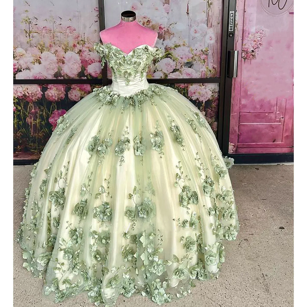 Vestido De quinceañera De tul verde salvia con flores en 3D, vestido De baile, apliques De hombros descubiertos, corsé De encaje, Vestidos De XV Anos, nuevo