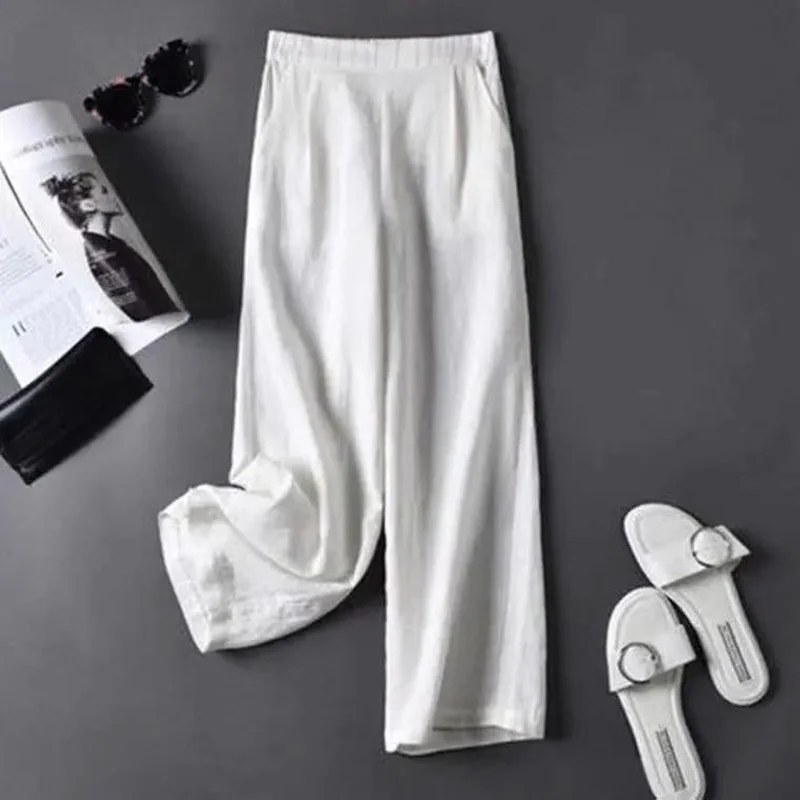 

Cotton Linen Pants for Women Vintage Solid Color High Waist Wide Leg Pants Woman Summer Casual Loose Trousers Pantalon 4XL E09