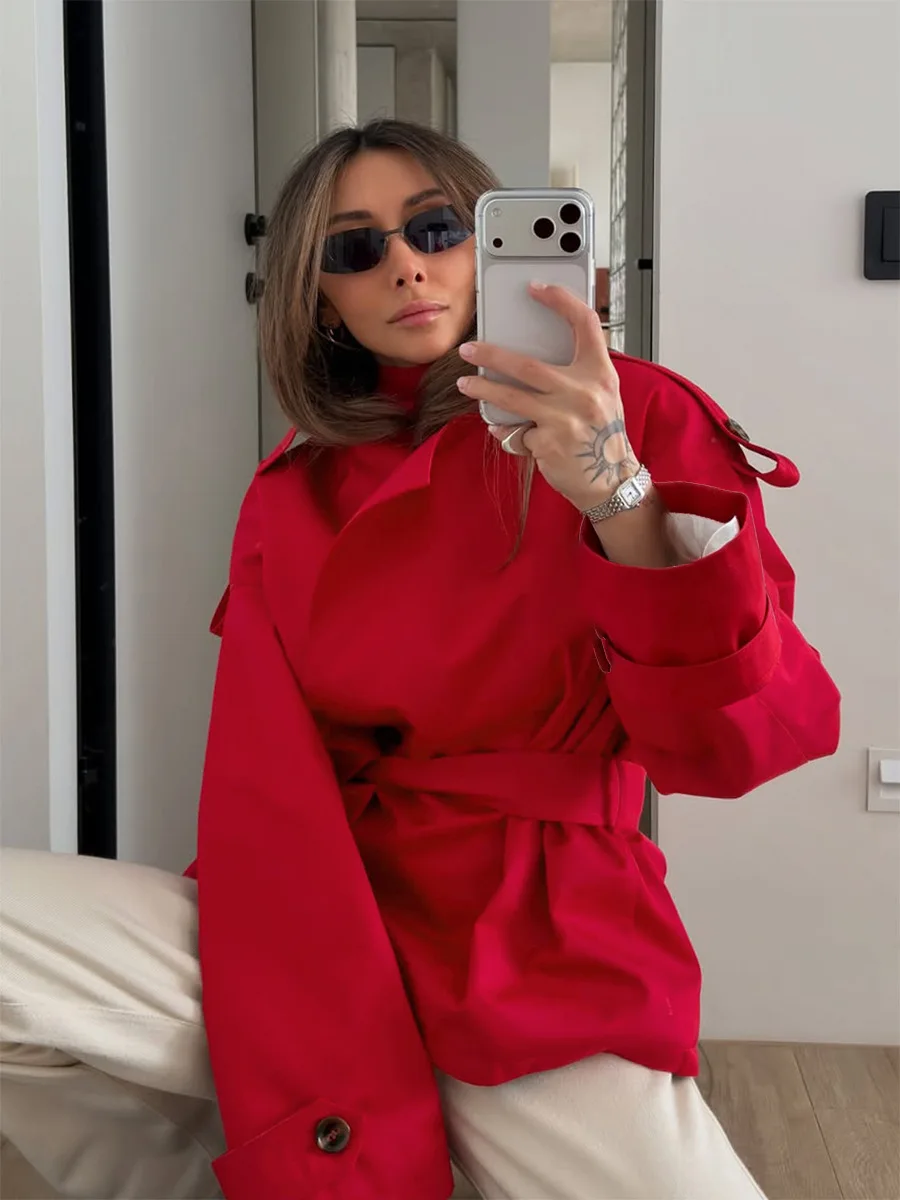 Wolfeel 2026 Series Autumn Women's Lapel Long Sleeved Button Loose Windbreaker Simple Casual Jacket Belt Women's Red Jacket