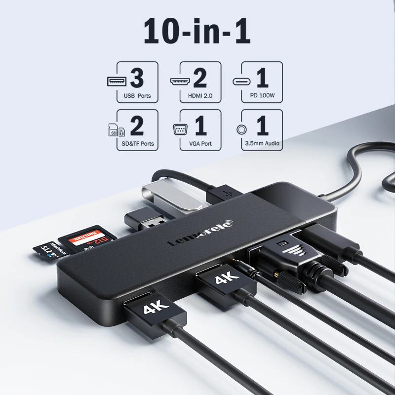 Lemorele-estación de acoplamiento de 10 puertos USB tipo C a HDMI Dual, 4K, 30Hz, VGA, adaptador USB 3,0, PD100W, lector de tarjetas SD para MacBook