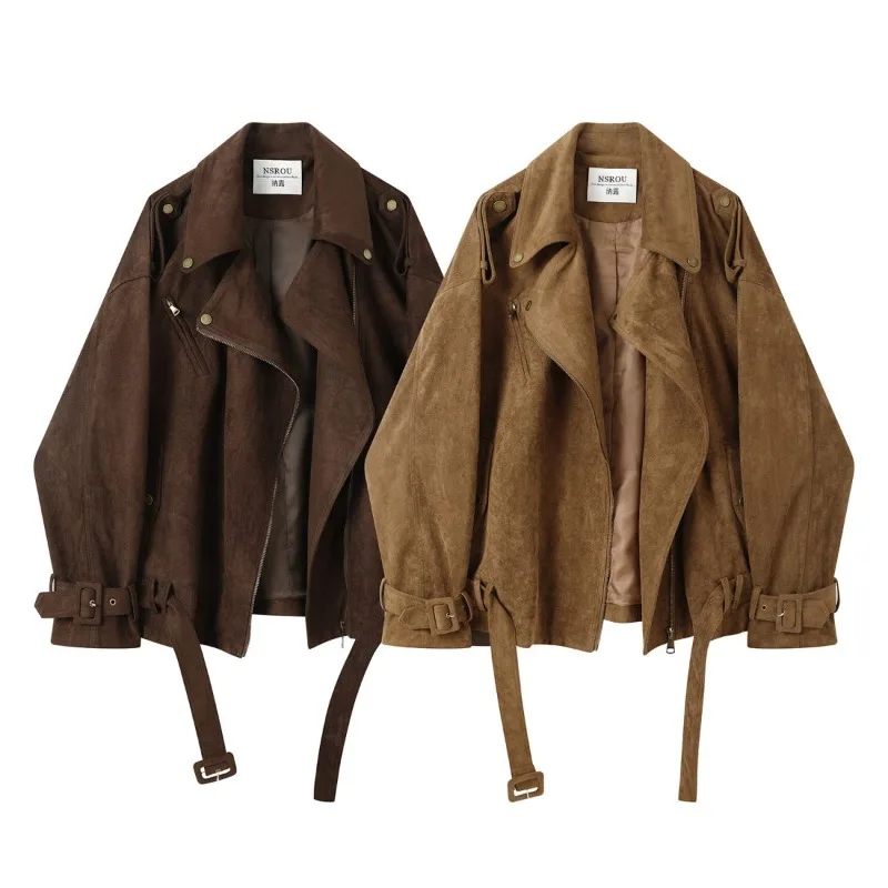 Retro Maillard Suede. Short Coffee-colored Leather Jacket for Women's Autumn and Winter, Lapel Motorcycle Flight Leather Jacket.