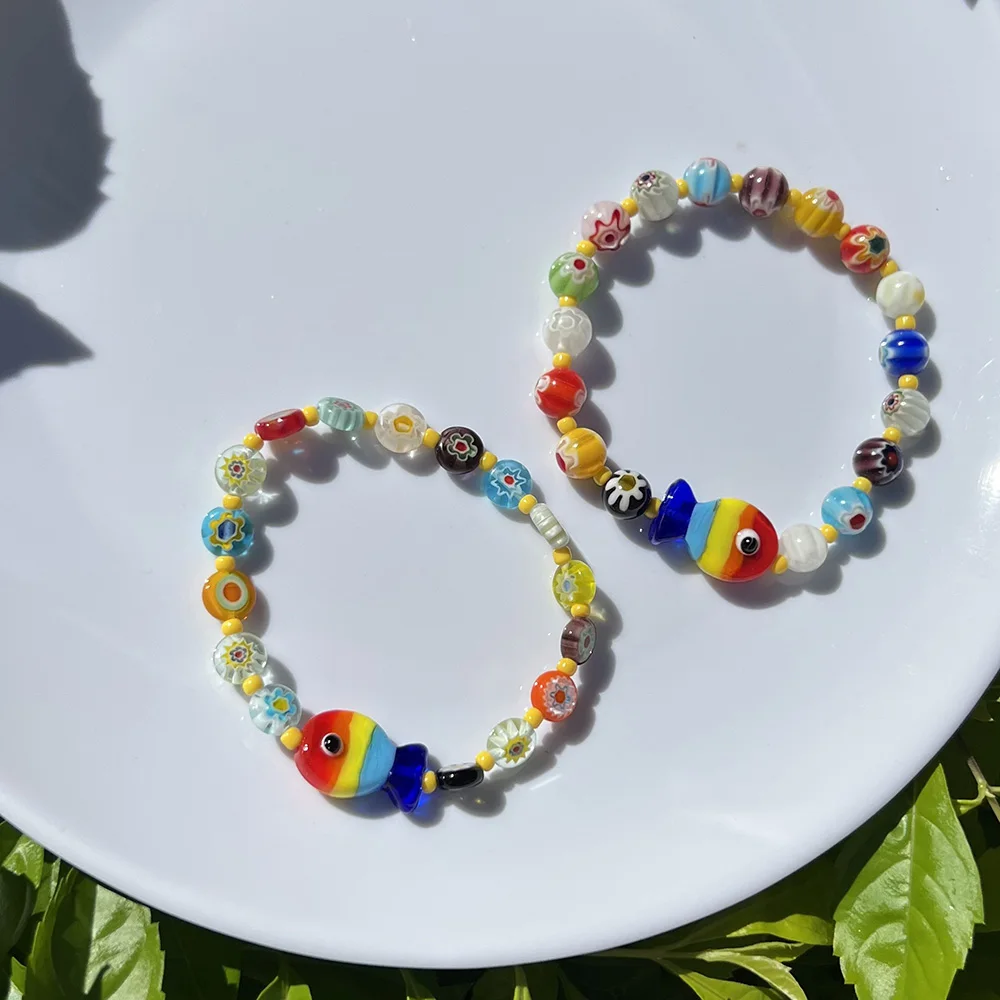 1 PC Children's Elastic Bracelet Ceramic Color Fish Charm Handmade Glas Bead Star Decoration Cute Girl Jewelry Party Gift