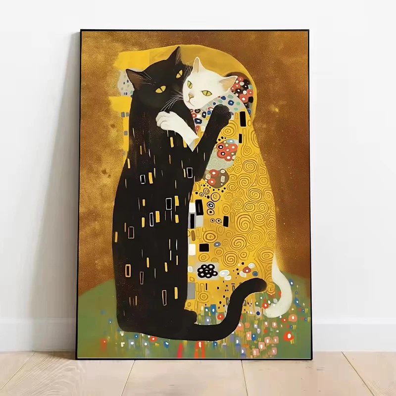 Póster en lienzo de gato Kitty Klimt Kiss, estilo parodia creativo Vintage, imágenes artísticas de pared impresas, pintura para decoración del hogar y la sala de estar