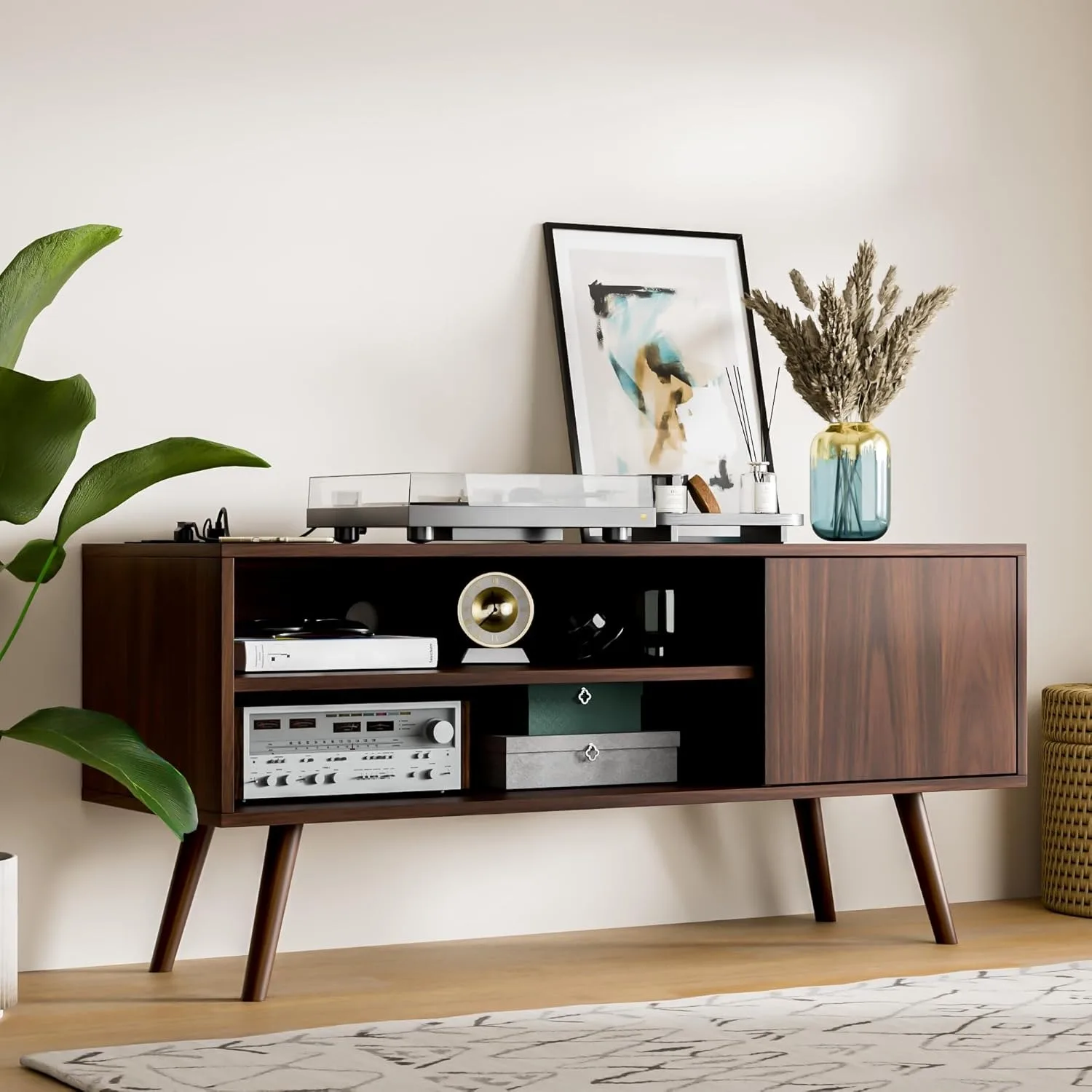 TV Stand for 48 Inch TV, Mid Century Modern Entertainment Center with Storage Cabinet, TV Media Console for Living Room