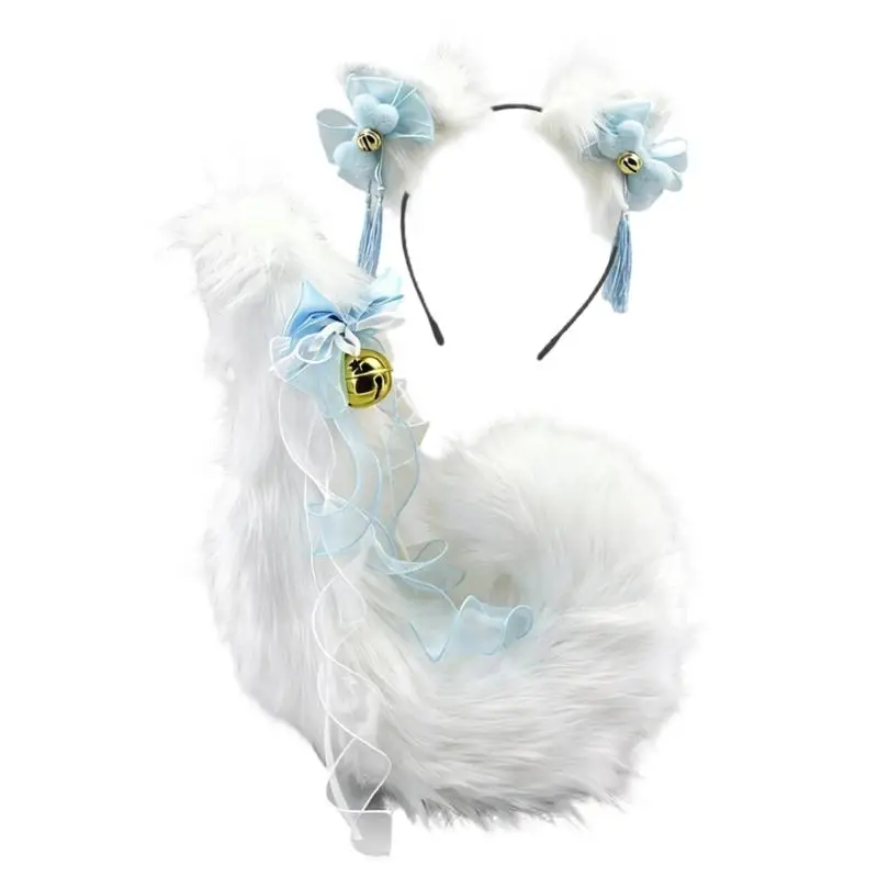 A52E Anime Cosplay Requisiten Katzen Ohren und Schwanz Set Plüsch Pelzigen Ohren Hairhoop mit Schwanz – Detail 7