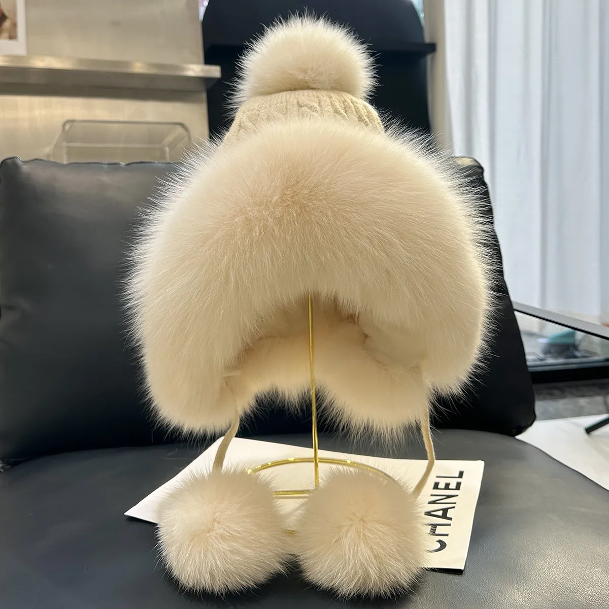 Girls Big Pompom Winter Hat 100% Wool Warm Real Fox Fur Trim Fashionable Ear Protector Bomber Hat  Accessory for Cold Weather