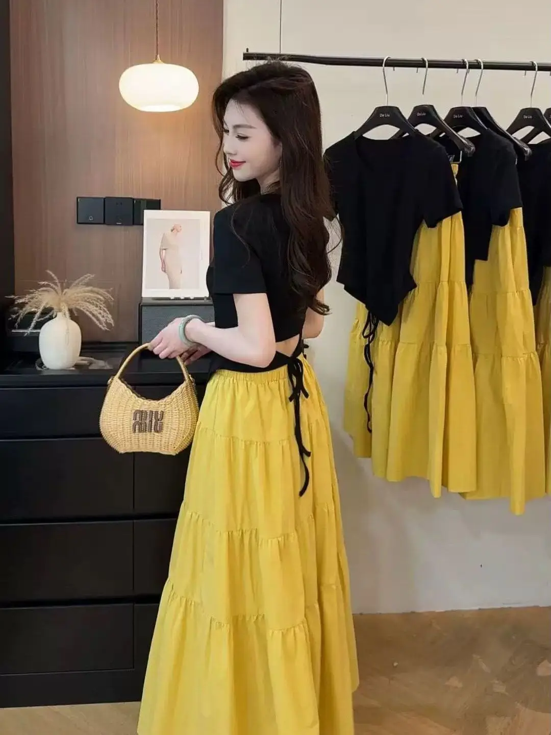 

Summer 2026 Korean Style Short Sleeve T-Shirt High Waist Slim Fit Back Tie Two Piece Set Elegant Fashion Women's Clothing