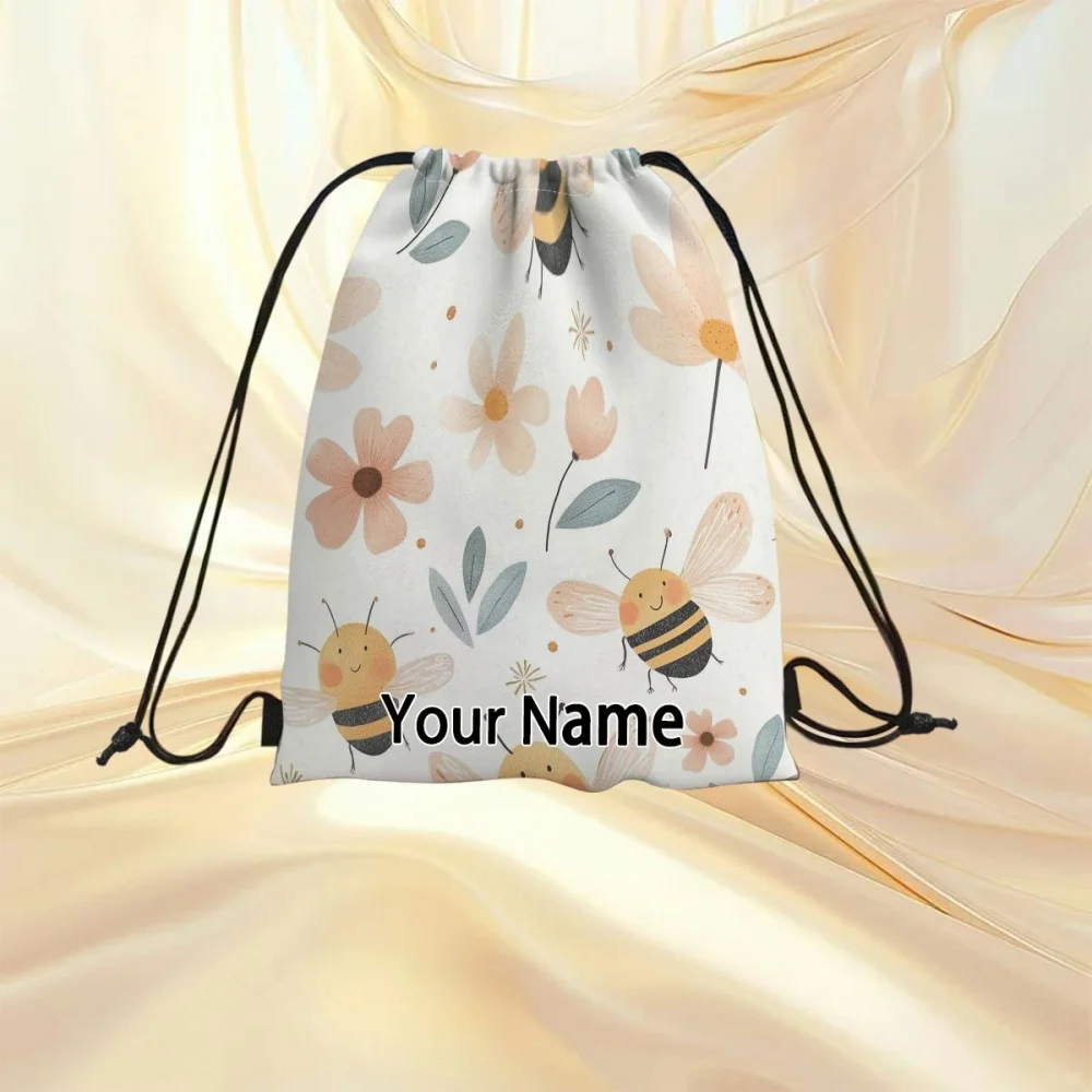 1Pc Custom Name Text Bee and Flower Pattern Drawstring Backpack, Portable Drawstring Bag, Suitable for Gym, Travel, Sports