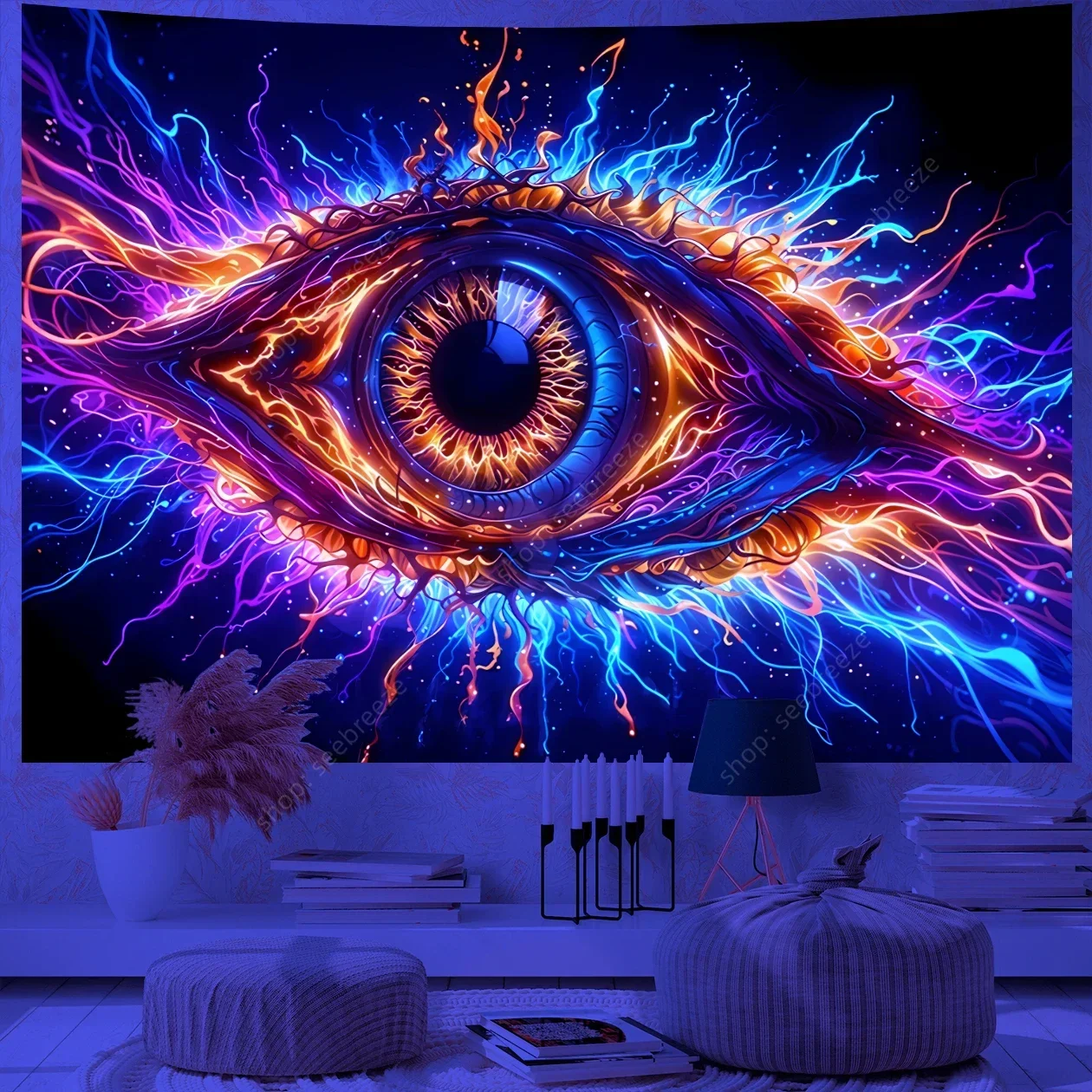 Psychedelic Eye of God UV Reactive Tapestry for Witchcraft Hippie Wall Hanging Bohemian Mandala Art Aesthetic Room Wall Decor