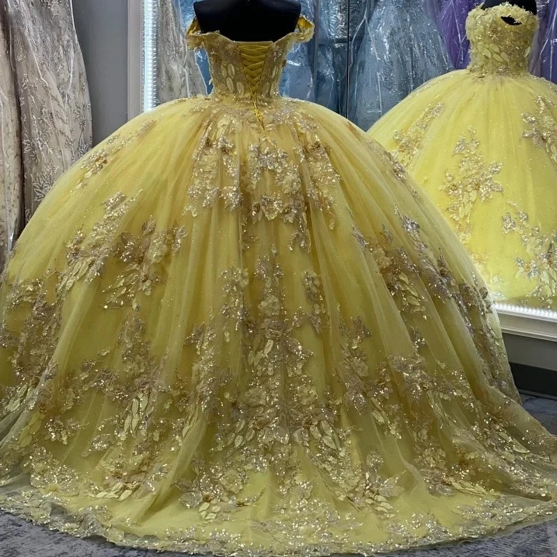 Wykonana na zamówienie brokatowa żółta suknia balowa księżniczki suknie na Quinceanera kwiatowe koraliki Vestidos De 15 Anos meksykańska suknia balowa urodziny