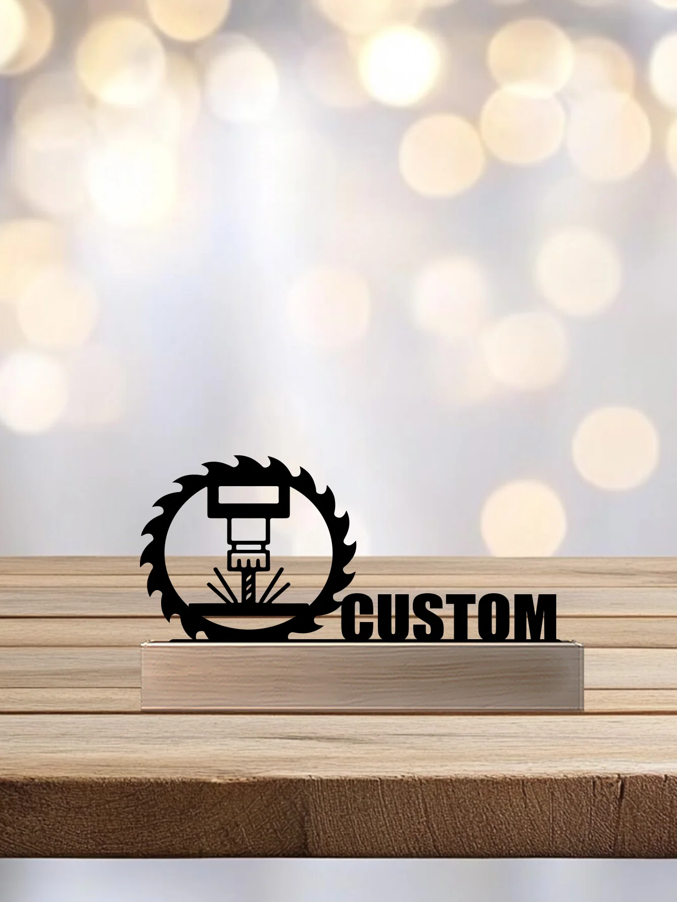 1pc Simple Electric drill and gears Custom Name Metal Statue With Wood Base Iron Ornament Metal Sculpture With Wood Base