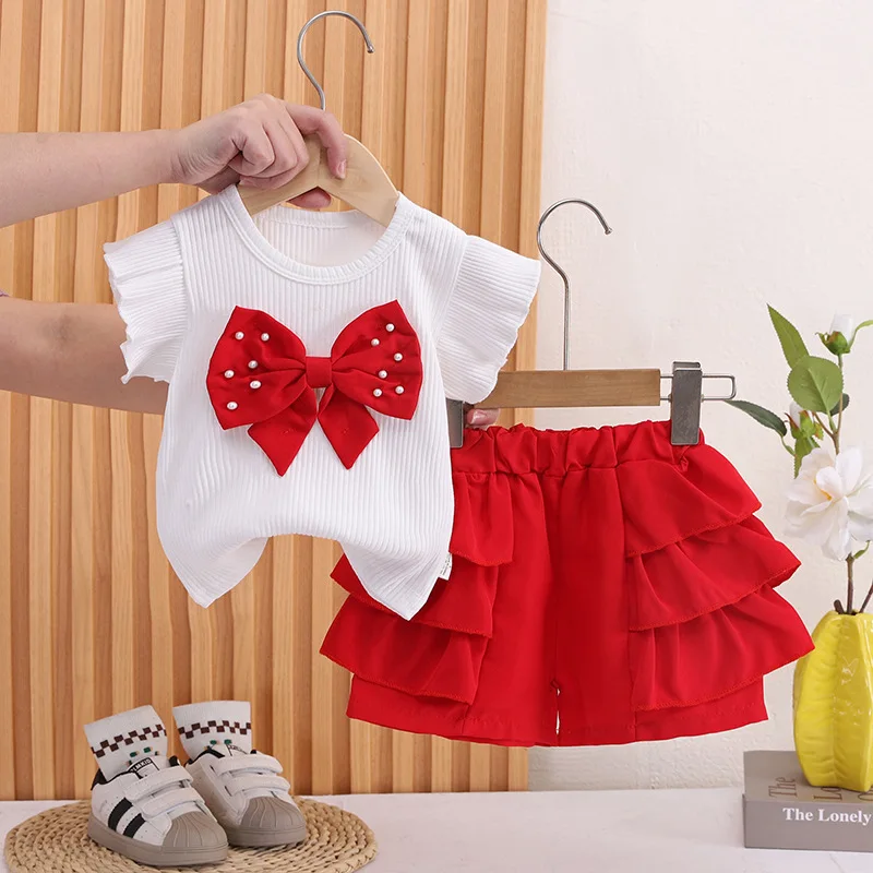 Girls' Clothing Set Summer New Baby Girl Ruffled Beaded Big Bow Top Multi-layer Brim Shorts Two-piece Set