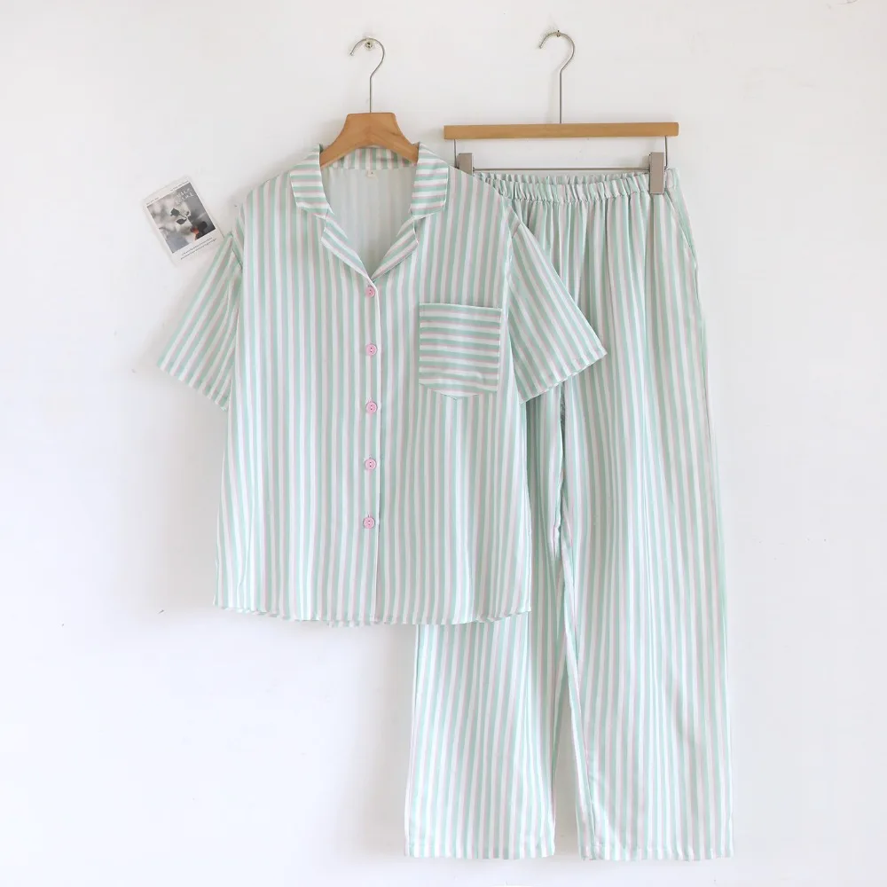 Striped Print Cotton Pajamas Woman Homewear Thin Casual 2 Piece Home Wear Summer Short Sleeve Sleepwear Loungewear Nightwear 3
