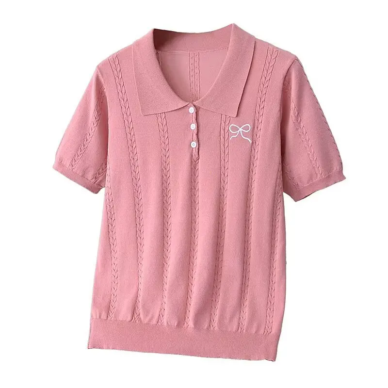 

Летний топ 100 кг, повседневный простой воротник-поло, вышитый бант, витой ледяной шелк, трикотажные футболки с короткими рукавами, женская футболка больших размеров 1596