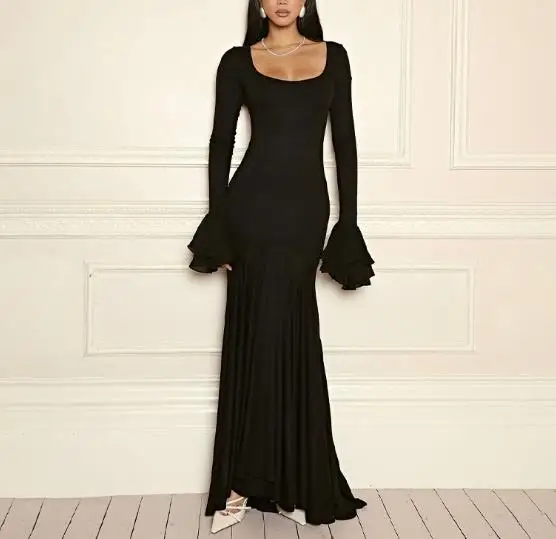 Womens Dresses 2025 Spring Autumn New Solid Color Long Sleeve Square Collar Folded Splicing Flare Sleeve Casual Long Dress