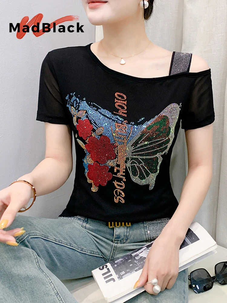 MadBlack-Women European T-Shirt, Sexy Skew Collar Diamond, Clubwear Hotsweet Off Shoulder Slim S-3XL Tee, 2026 Summer T66408CC