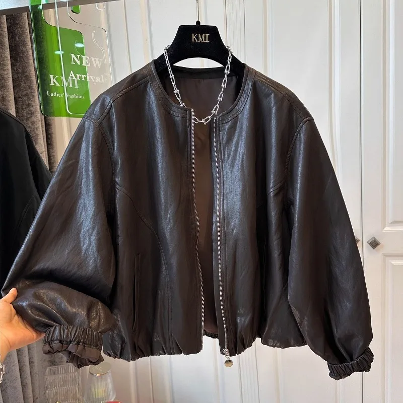 

Vintage PU Leather Jackets for Women O Neck Loose Bomber Jacekt Elegant Leather Trench Coats Women Outerwears