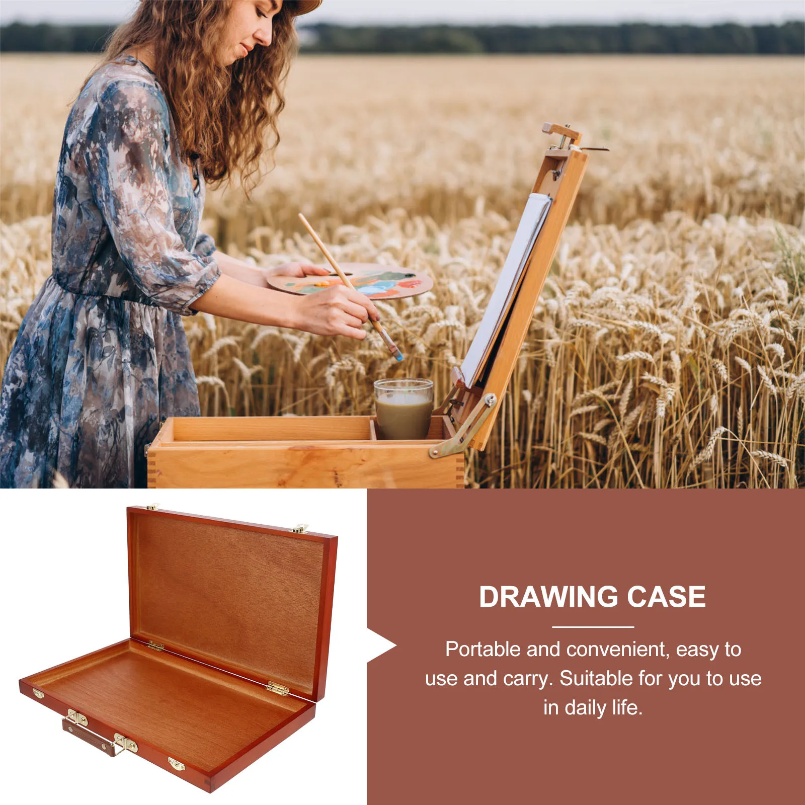 

Wooden Painting Tool Box Multi-Functional Drawing Art Accessory Lightweight Sturdy Secure Locking Clasps Paint Box