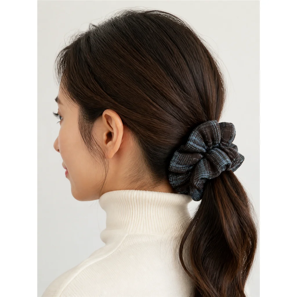 Mint Chocolate Blue Brown Large Double-Layer Scrunchie Handmade Elastic Hair Tie for Ponytail and Bun