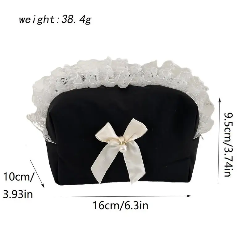 Schwarze Spitzen-Schleifen-Kosmetiktasche mit großer Kapazität, Reise-Kosmetik-Organizer, niedliche koreanische tragbare Tasche für Frauen – Detail 12