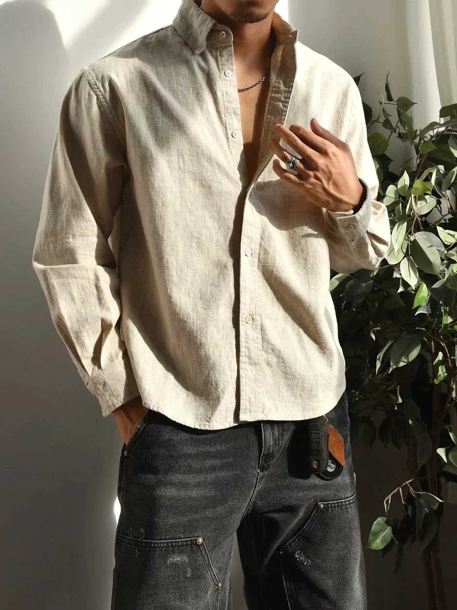 American Retro Linen Cotton Men's Shirt Wrinkle Long Sleeve Slim Fit Open Cardigan Linen Breathable Workwear Shirt Casual Style