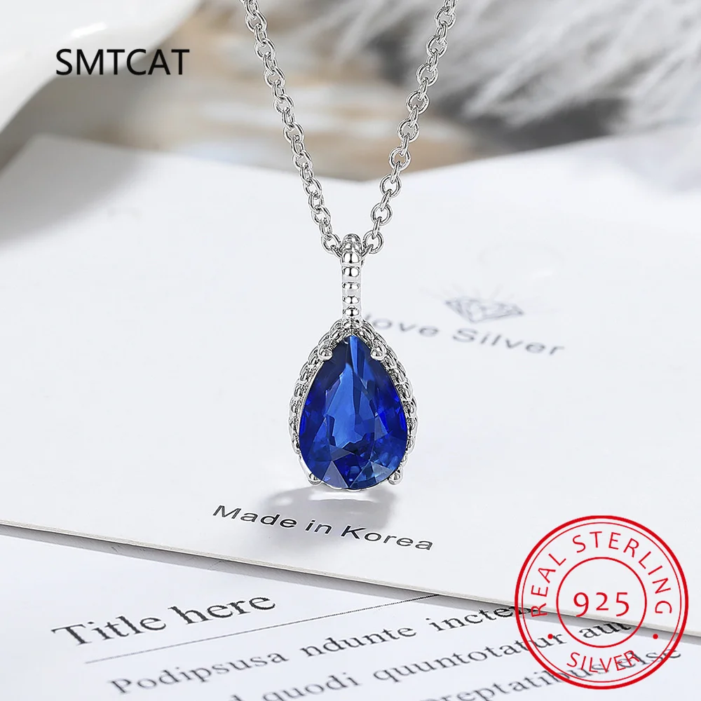 Collar con colgante de gota de agua de Plata de Ley 925 con zafiro azul creado en forma de pera de 1,75 quilates para mujer, joyería de piedras preciosas, Colar de Prata