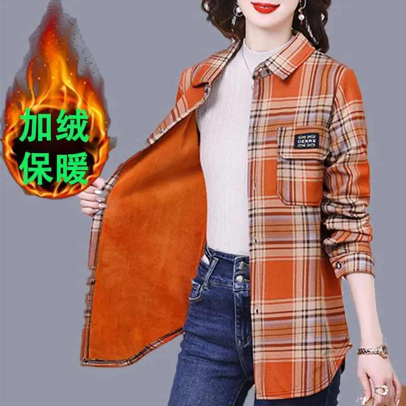 Add Velvet Plaid Shirt Female Fashion Spring Autumn Winter Warm Bottom Shirt Women\'s Loose Long Sleeved Shirt Jacket Tops