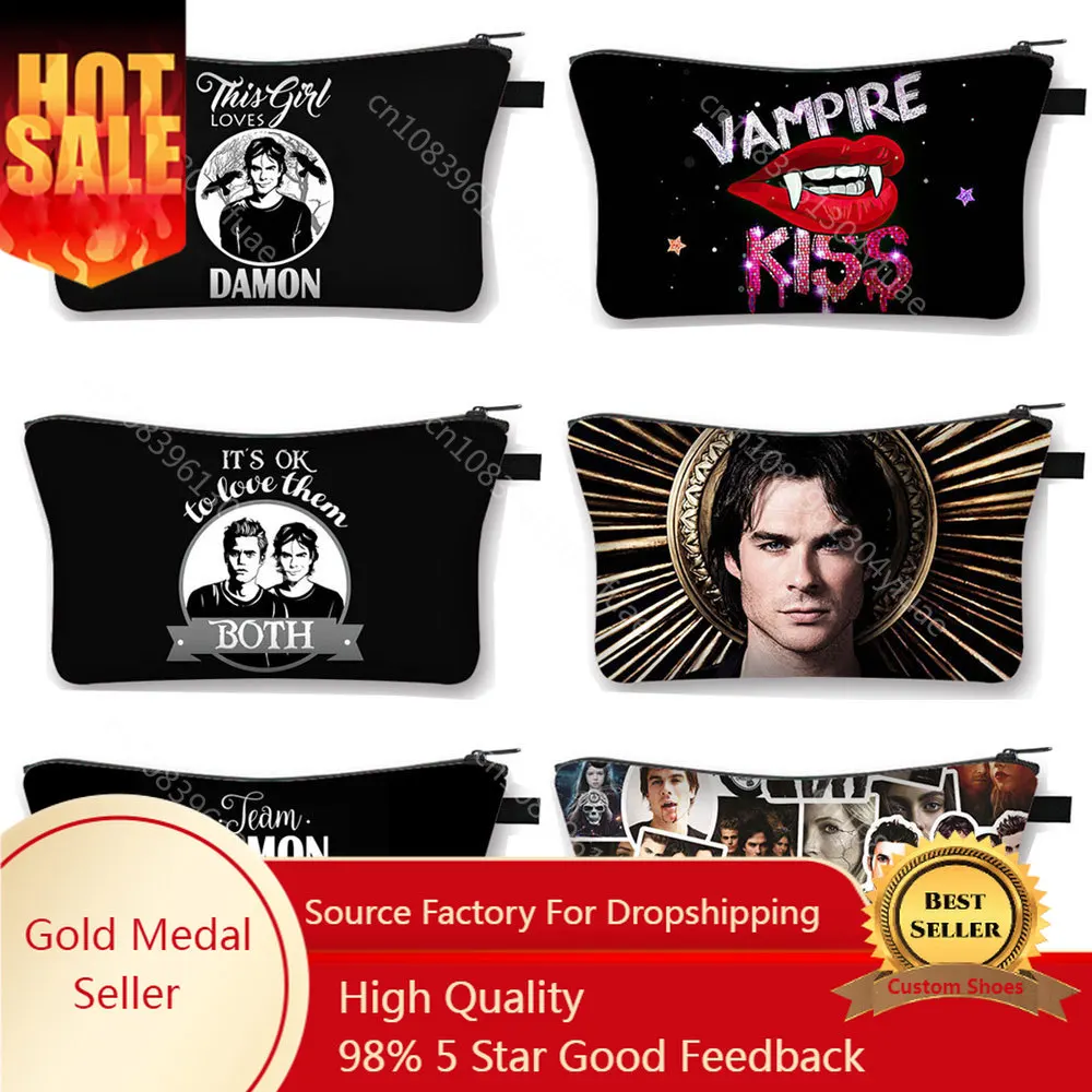 

The Vampire Diaries Cosmetic Case DAMON Women Makeup Bag TVD Lipstick Storage Bags Harajuku Zipper Pouch Cute Toiletry Bags