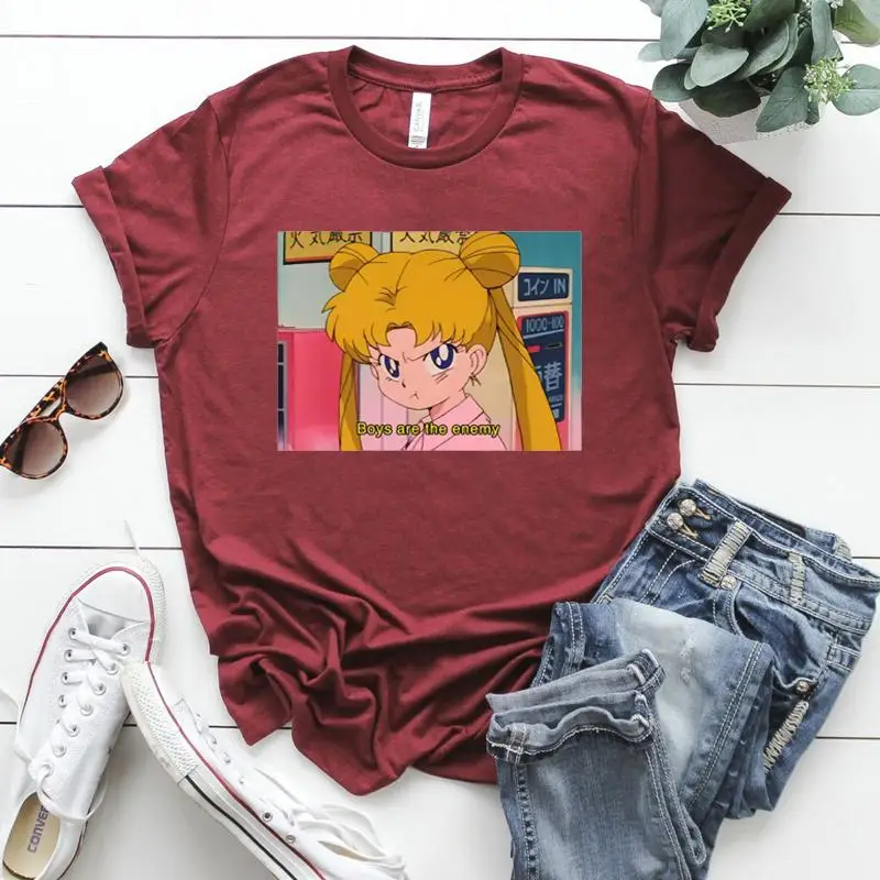 Boys Are The Enemy T-Shirt Funny Anime Inspired Sailor Shirt Cute Feminist  Tops Kawaii Japanese Manga Tees Harajuku Tops