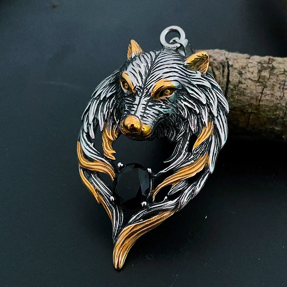 

Vintage Nordic Viking Wolf Necklace Stainless Steel Man Chain Punk Fashion Wolf Head Stone Pendant Necklace Biker Jewelry Gift