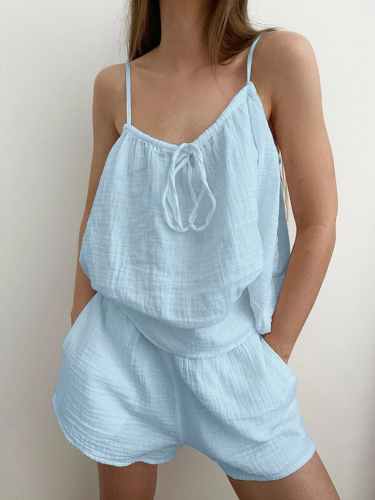 Summer New Cotton Women'S Sleepwear 2 Piece Set Sexy Spaghetti Strap Pajamas Lace Up Nightwear Shorts Causal Ladies Home Clothes