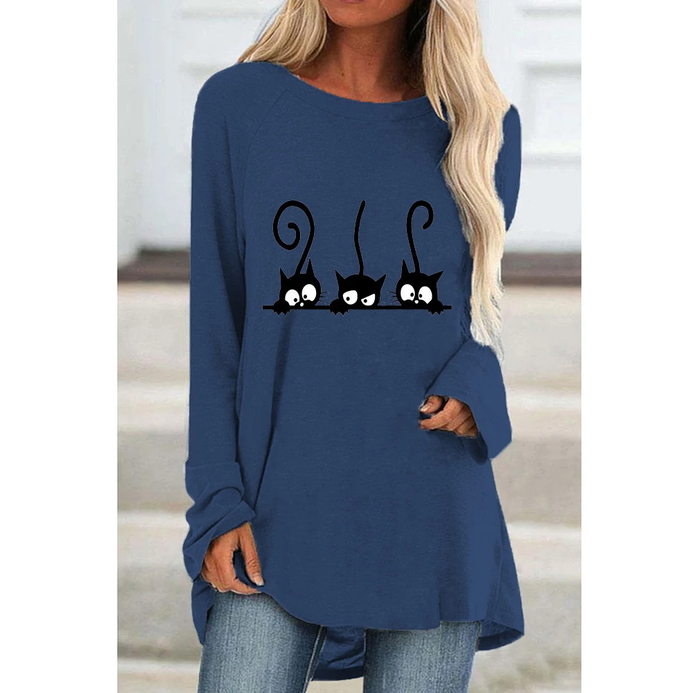 Women Tops T Shirt Tee Cartoon Cat Painting Print Active Sports Casual Holiday Daily Home Long Sleeve Round Neck Basic S-5XL