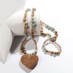 Fashion Bohemian Jewelry 8mm Stone/Glass Long Knotted Crystal Heart Pendant Necklace For Women Boho Gift