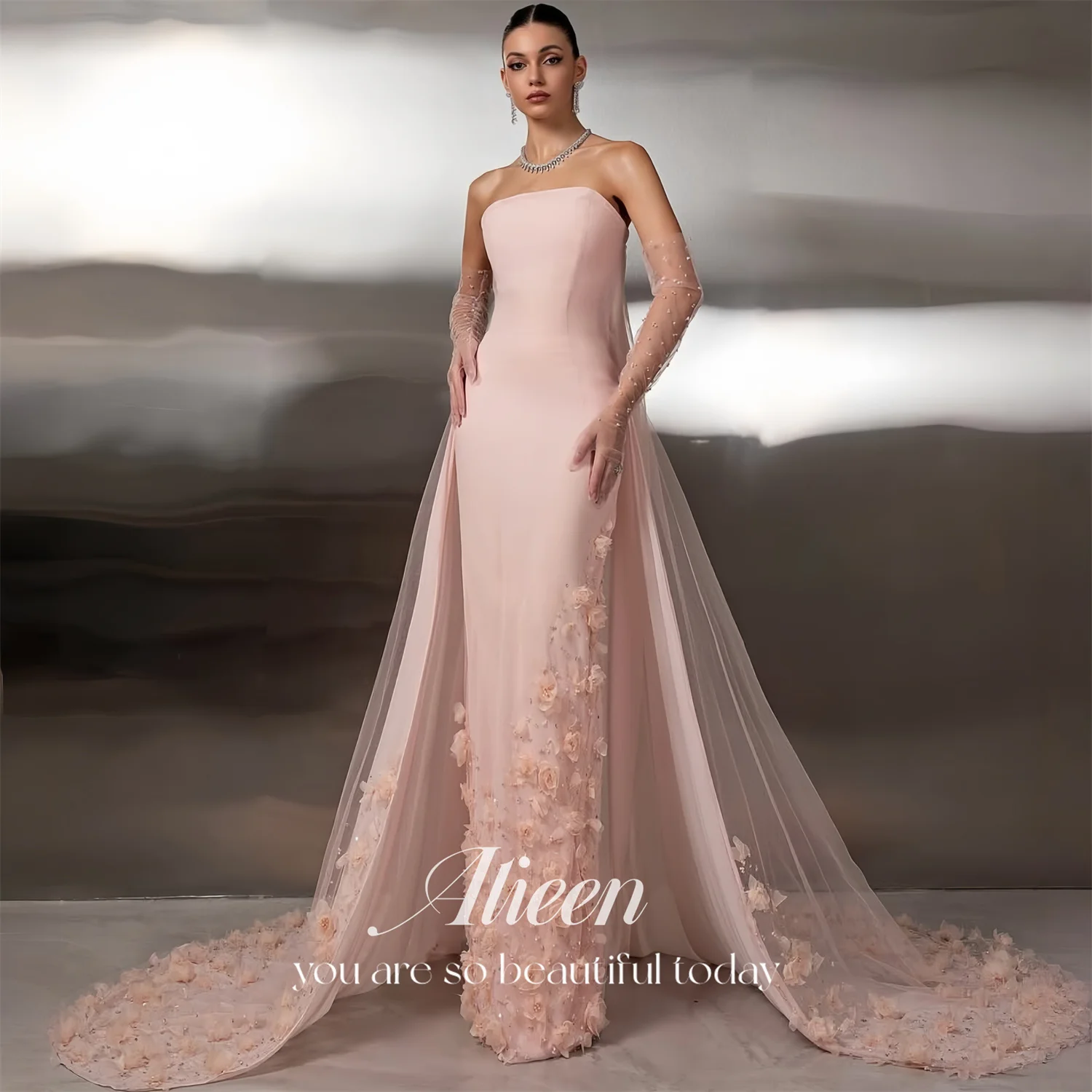 Evening Dress Women European Pink Tulle Strapless Mermaid Flowers Formal Aileen Sleeveless Floor-Length 2026 New Customized