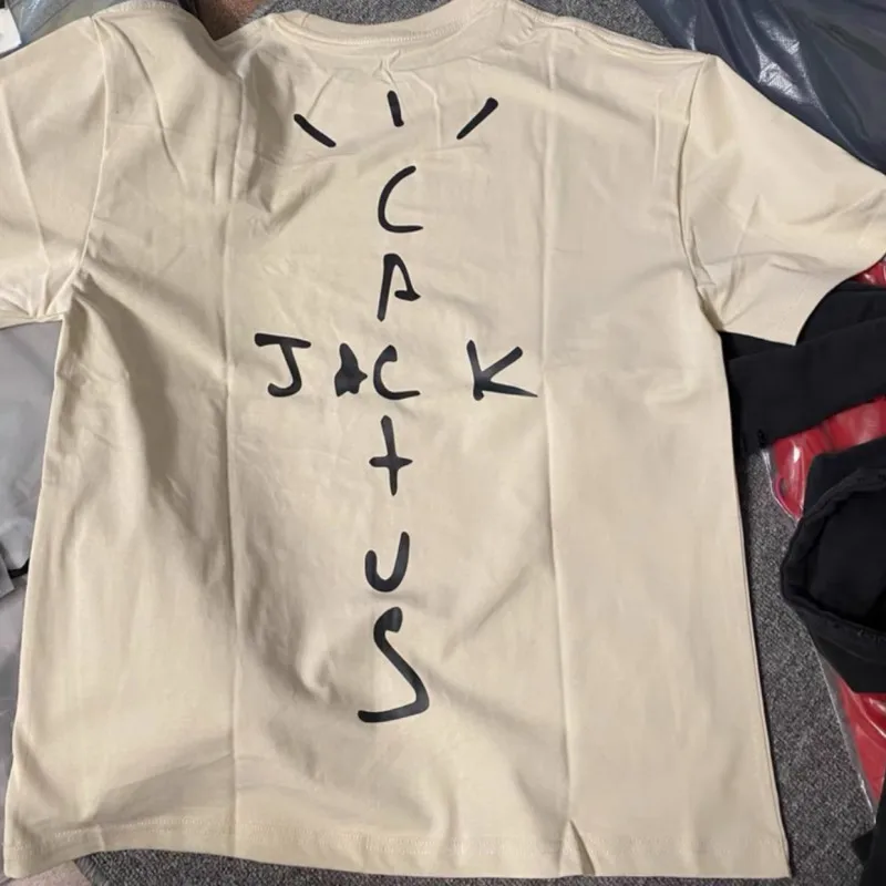 Apricot Cactus Jack Tshirts Graffiti Letters Pattern Breathable Cotton Men Women Round Neck Short Sleeve Summer Street Outfit