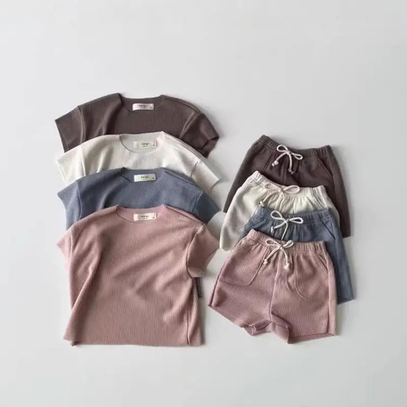 

2026 Summer New Children Short Sleeve Home Clothes Set Boys Girls T Shirts + Shorts 2pcs Suit Solid Simple Kids Cotton Outfits