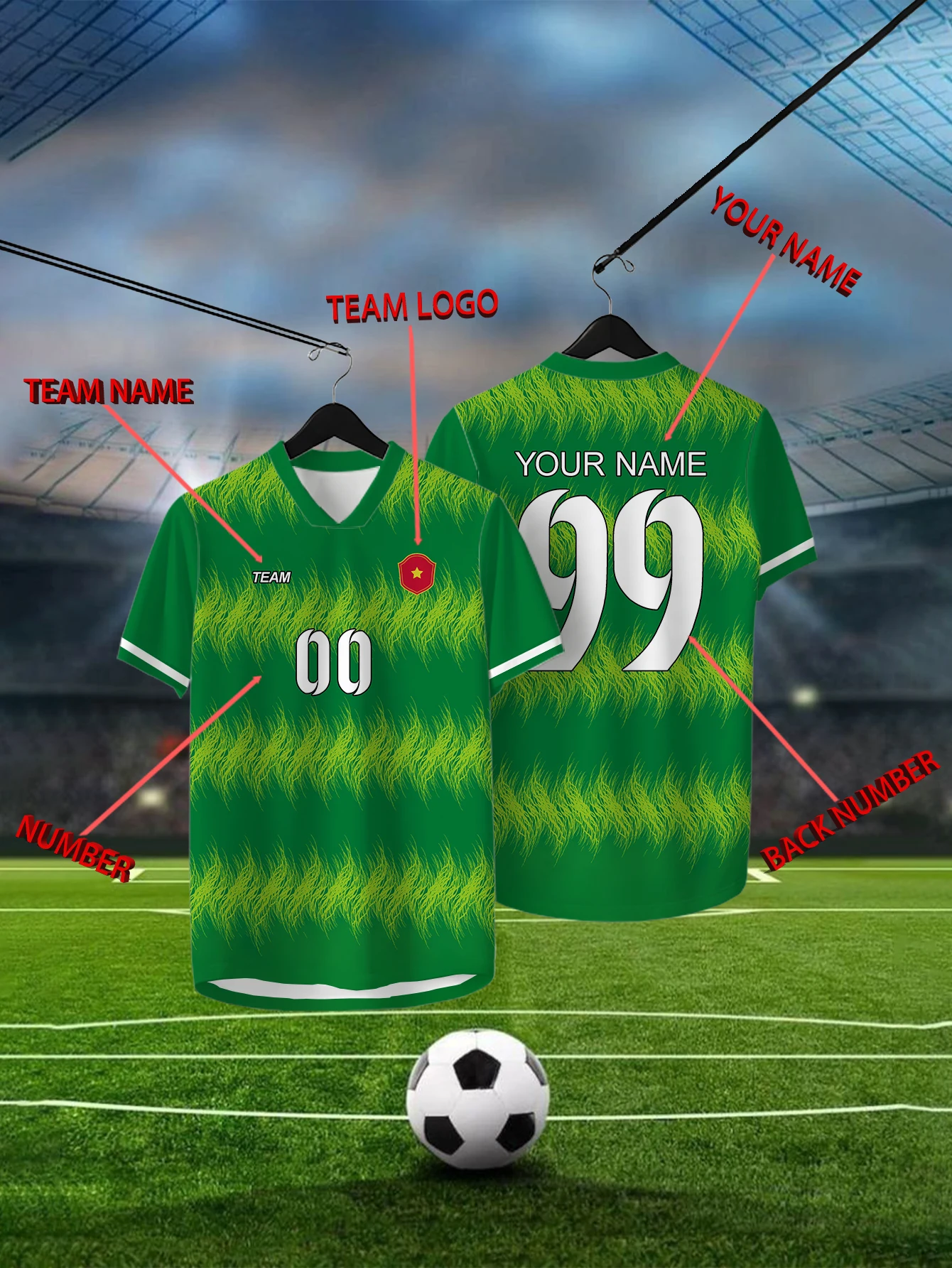 

Customized Geometric Green Short Sleeved Shirt with Team Name, Emblem, Name and Number, Outdoor Sports Short Sleeved T-shirt